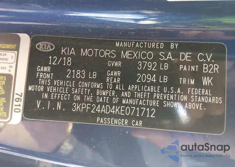 2019 Kia Forte Lxs из США, поврежденный, VIN 3KPF24AD4KE071712